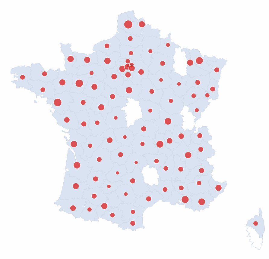 Carte de France montrant les départements où des professionnels de l'automobile utilisent CoffreSIV